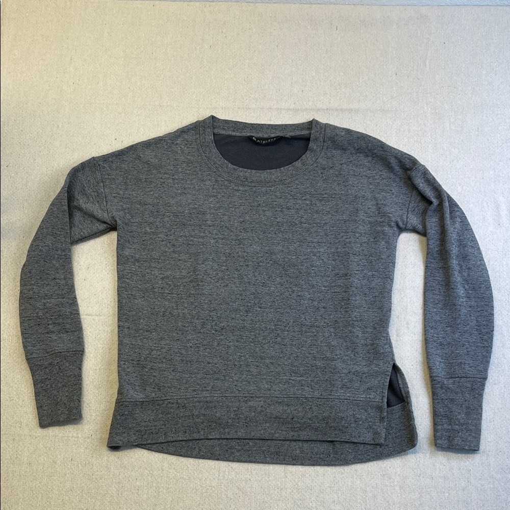 Athleta Gray Crewneck Sweater Small Lightweight Knit High Low Side Slit Pullover